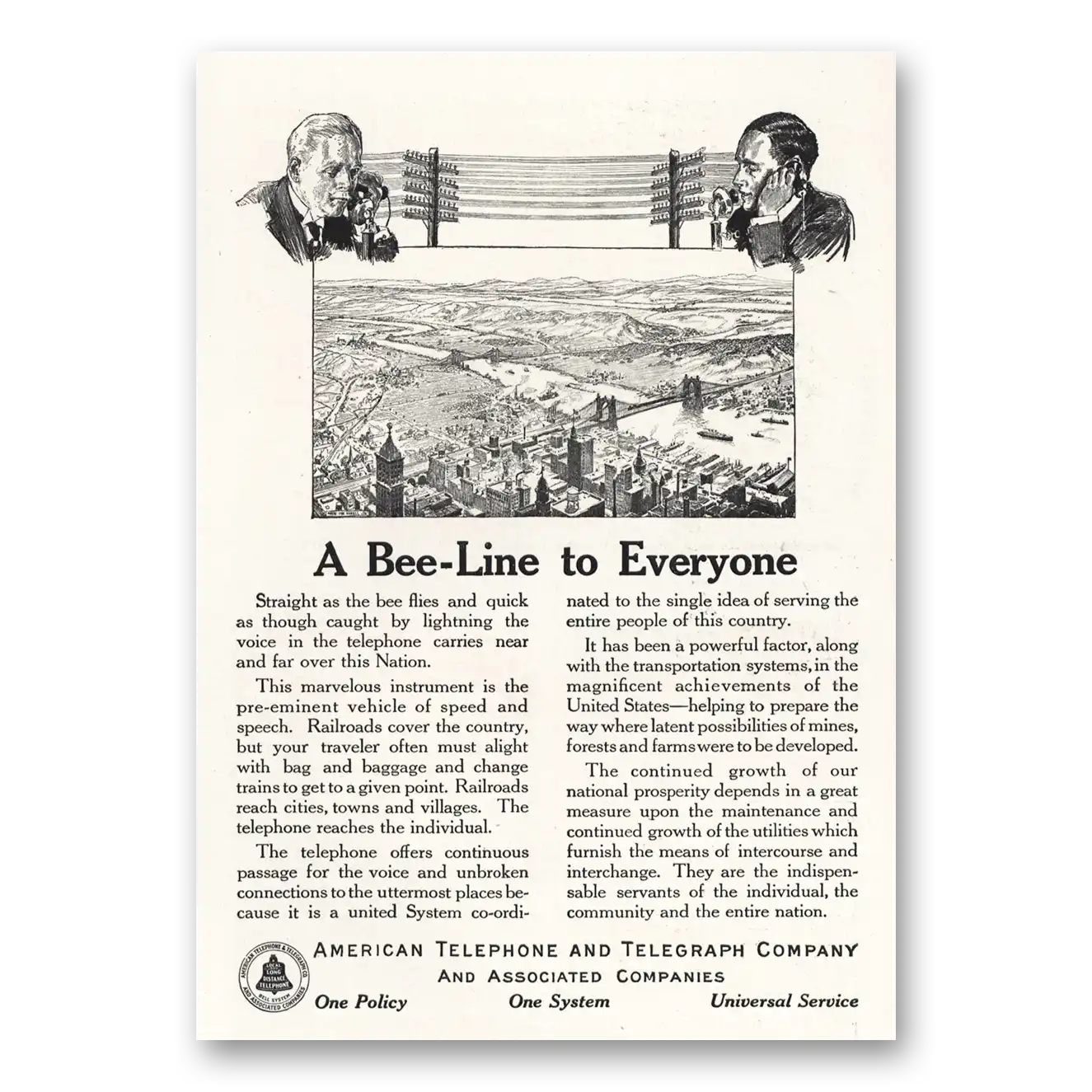 1917 American Telephone Bee Line to Everyone Vintage Magazine Print Ad