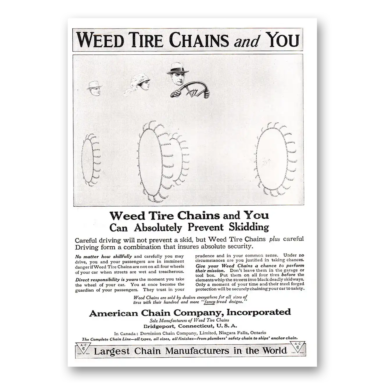 1917 American Chain Company Weed Tire Chains and You Vintage Magazine Print Ad