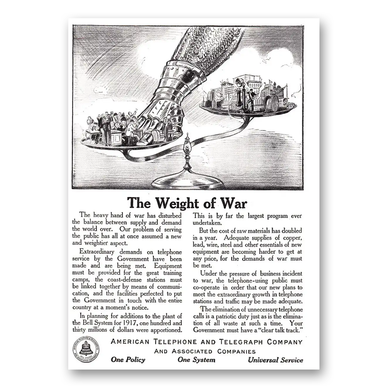 1917 American Telephone Weight of War Vintage Magazine Print Ad