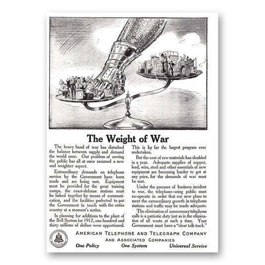 1917 American Telephone Weight of War Vintage Magazine Print Ad