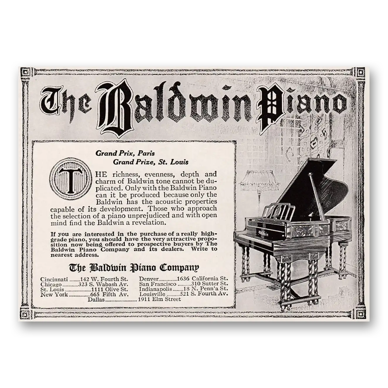 1917 Baldwin Piano Richness Evenness Depth Vintage Magazine Print Ad