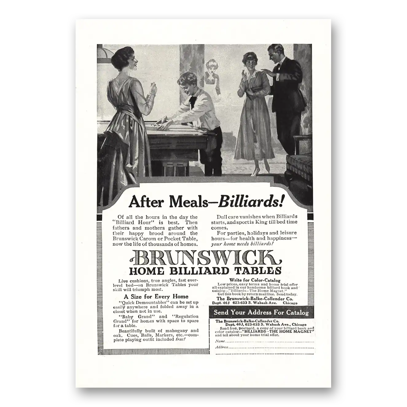 1917 Brunswick Billiard Tables After Meals Billiards Vintage Magazine Print Ad