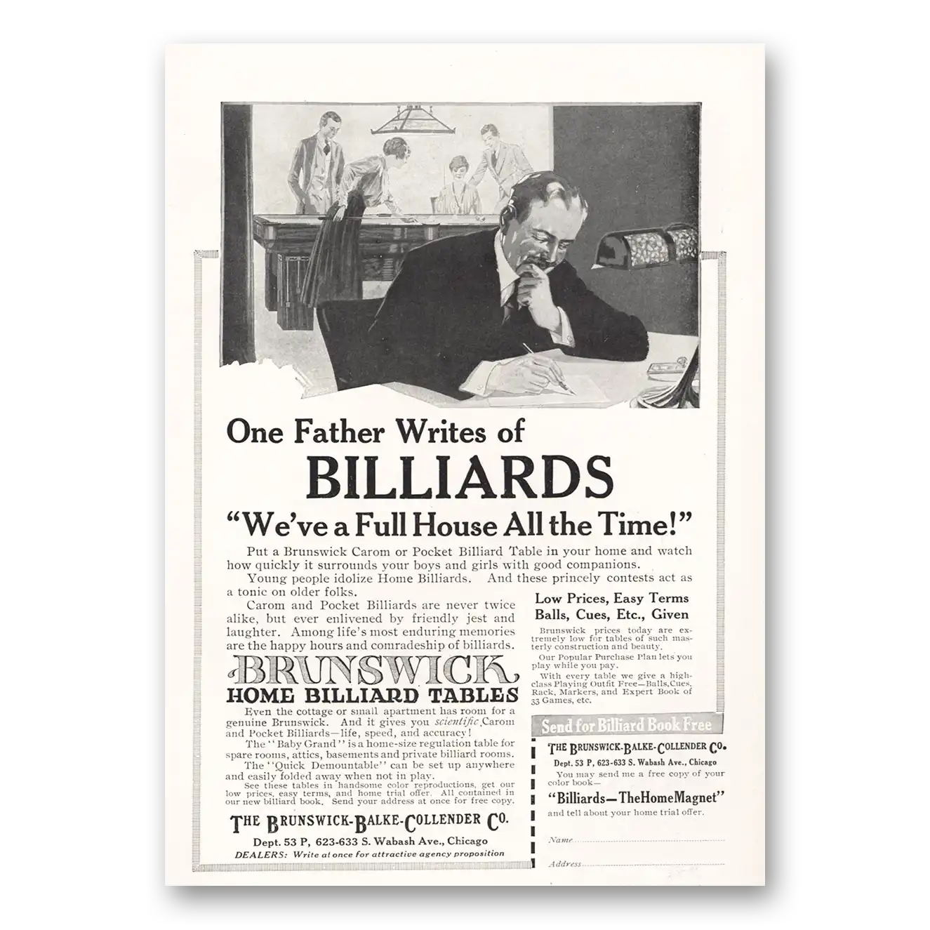 1917 Brunswick Billiard Tables One Father Writes of Billiards Vintage Magazine Print Ad