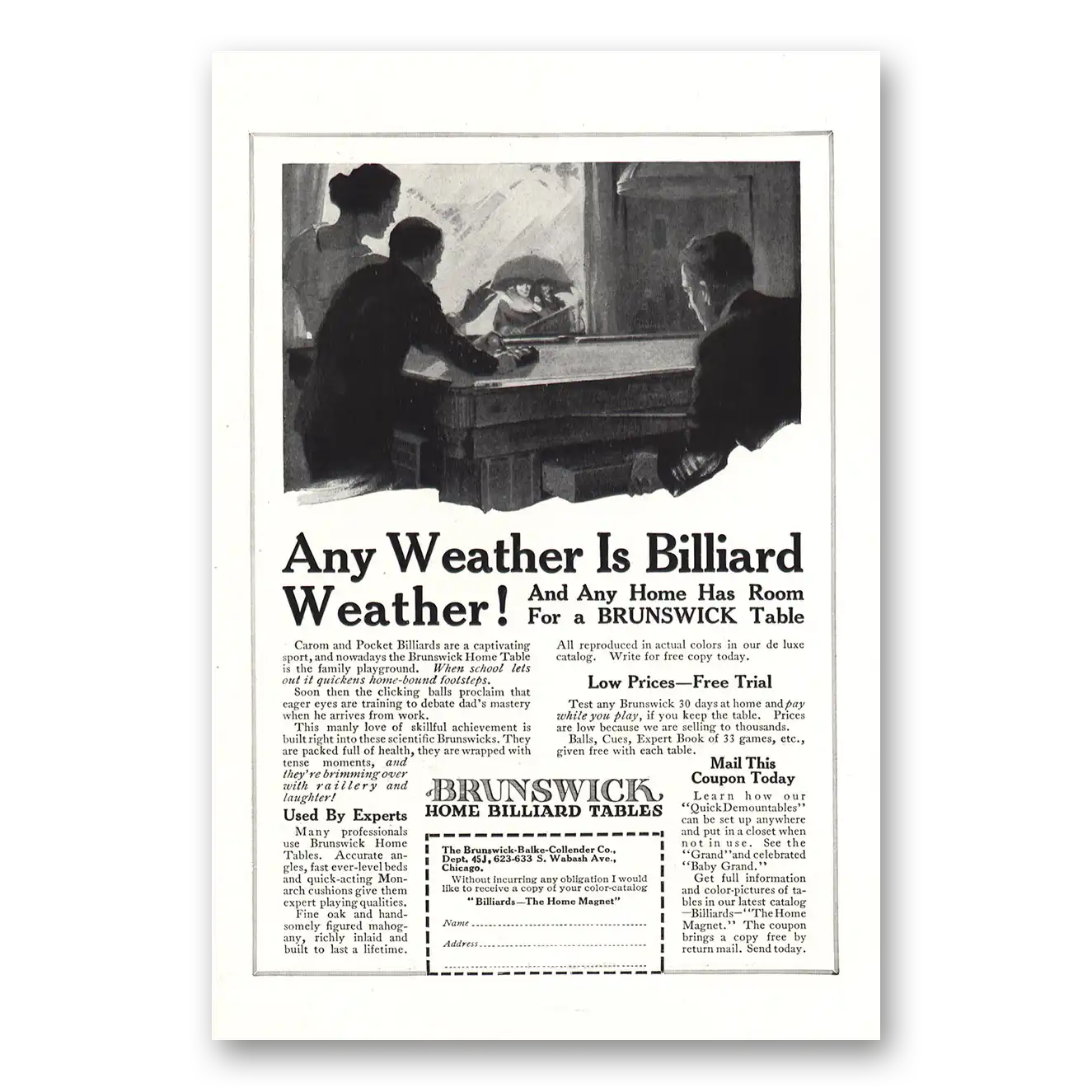 1917 Brunswick Billiard Tables Any Weather Is Billiard Weather Vintage Magazine Print Ad