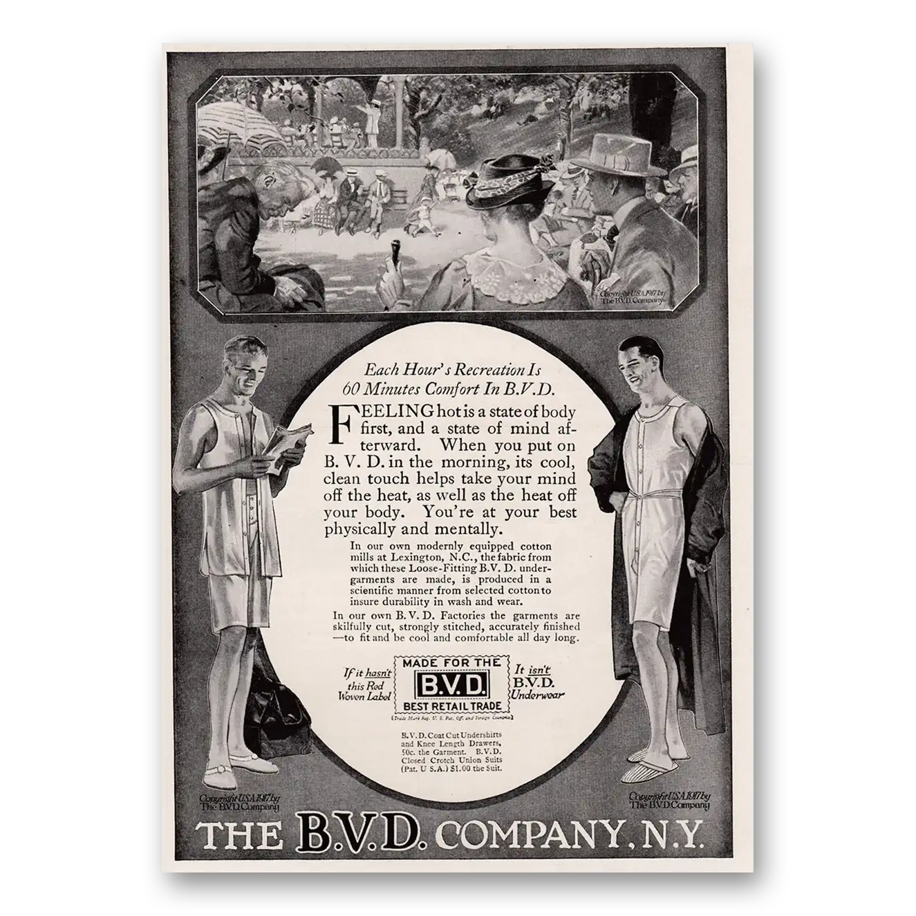 1917 BVD Company Each Hours Recreation Is 60 Minutes Comfort Vintage Magazine Print Ad