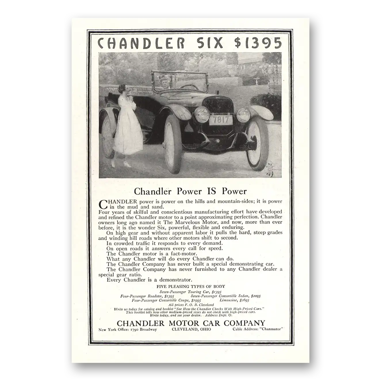 1917 Chandler Six Power is Power Vintage Magazine Print Ad