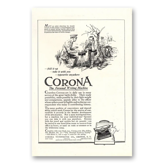 1917 Corona Typewriter Fold It Up Take It With You Vintage Magazine Print Ad