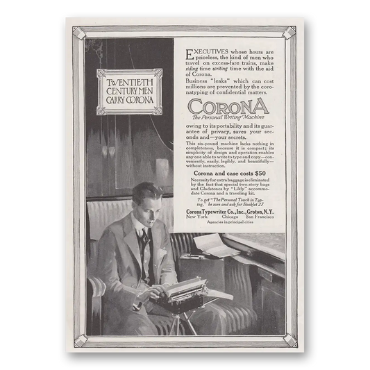 1917 Corona Typewriter Twentieth Century Men Carry Corona Vintage Magazine Print Ad