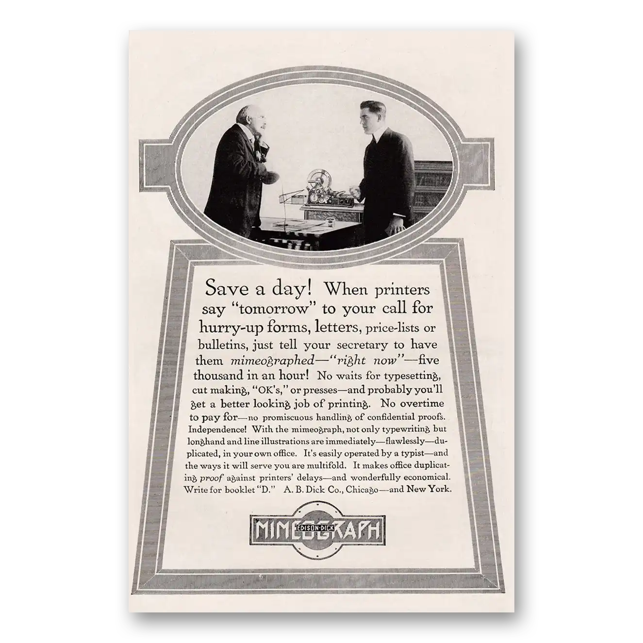 1917 Mimeograph Save Day When Printers Say Tomorrow Vintage Magazine Print Ad