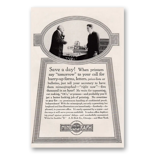 1917 Mimeograph Save Day When Printers Say Tomorrow Vintage Magazine Print Ad