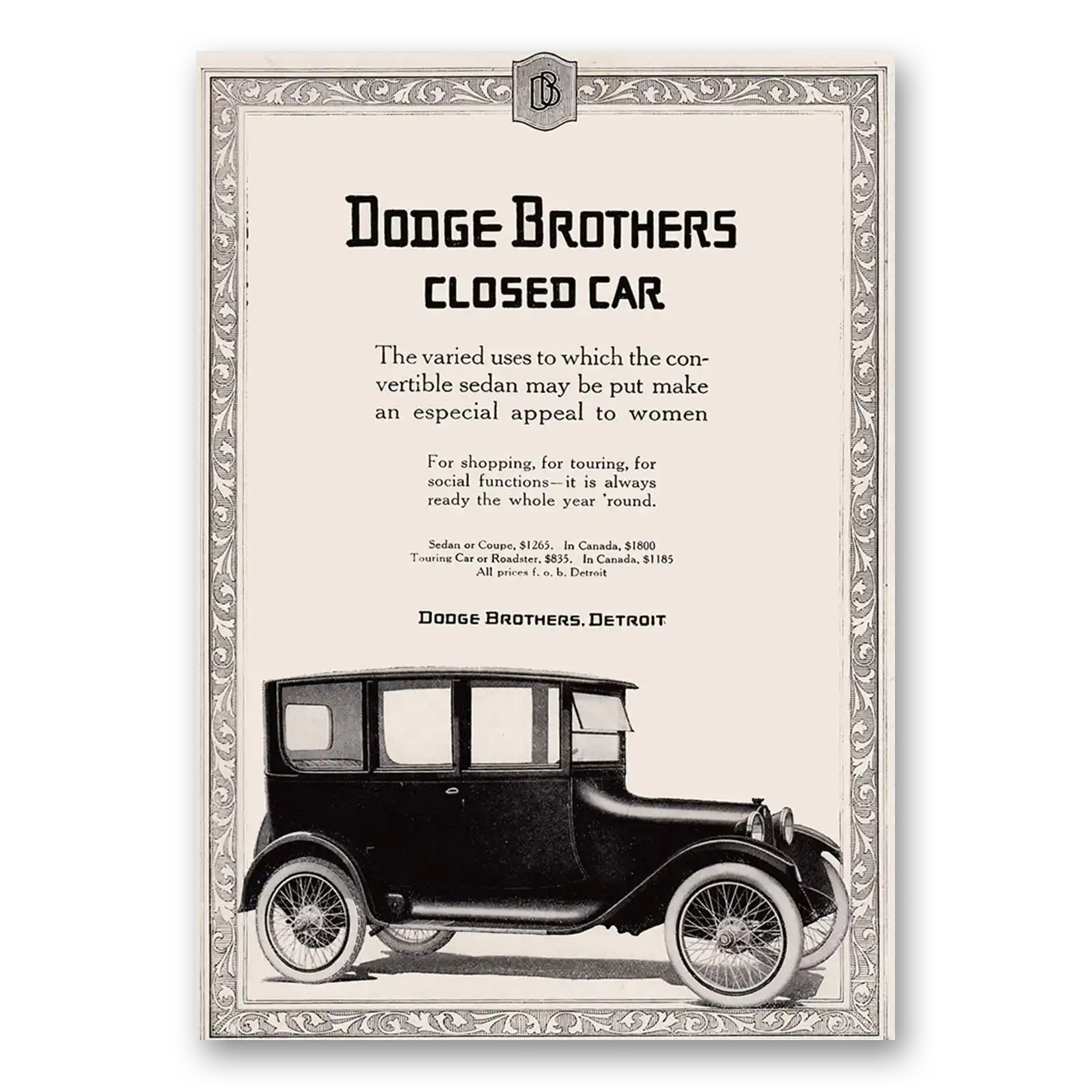 1917 Dodge Closed Car Varied Uses to Which the Convertible Sedan Vintage Magazine Print Ad