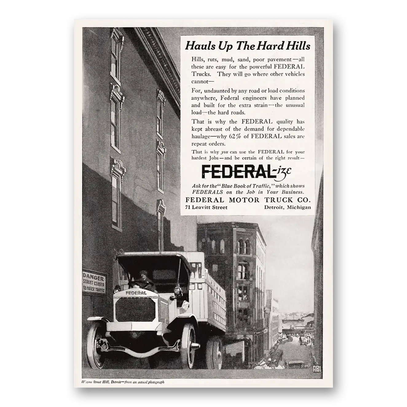 1917 Federal Motor Truck Hauls Up the Hard Hills Vintage Magazine Print Ad