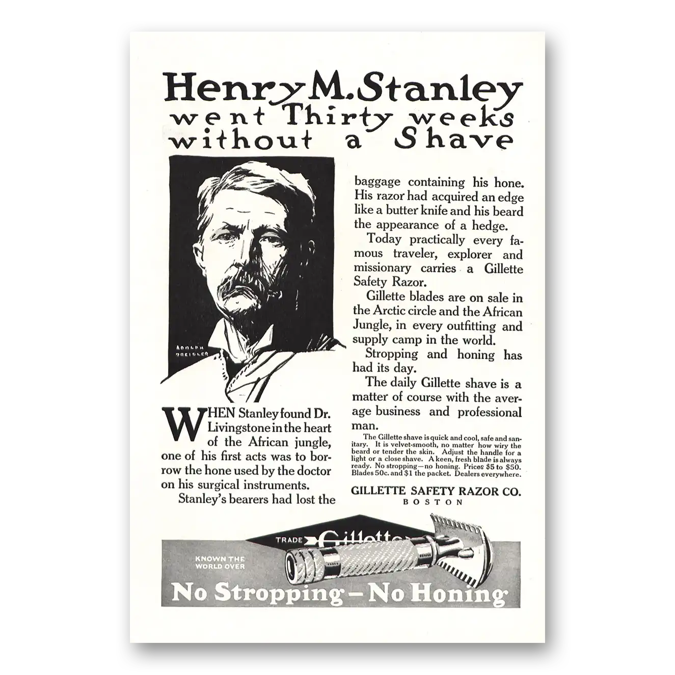 1916 Gillette Razor Henry M Stanley Vintage Magazine Print Ad