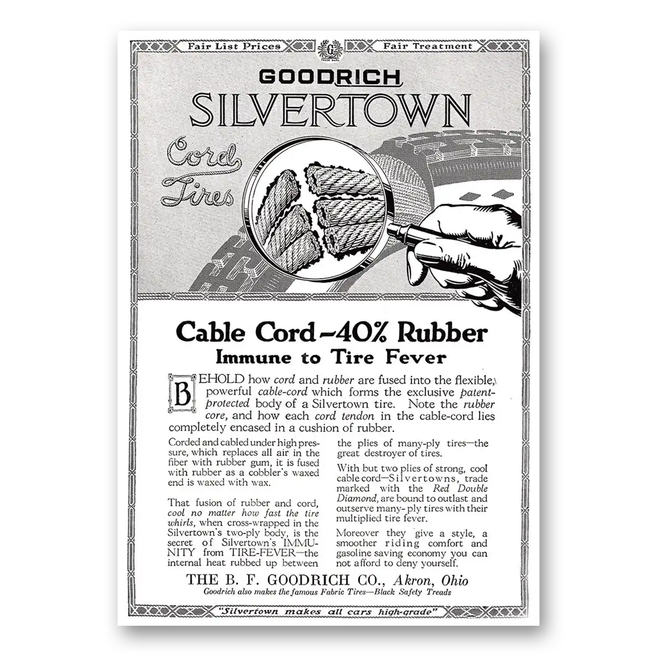 1917 Goodrich Silvertown Cord Tires Cable Cord Immune to Tire Fever Vintage Magazine Print Ad