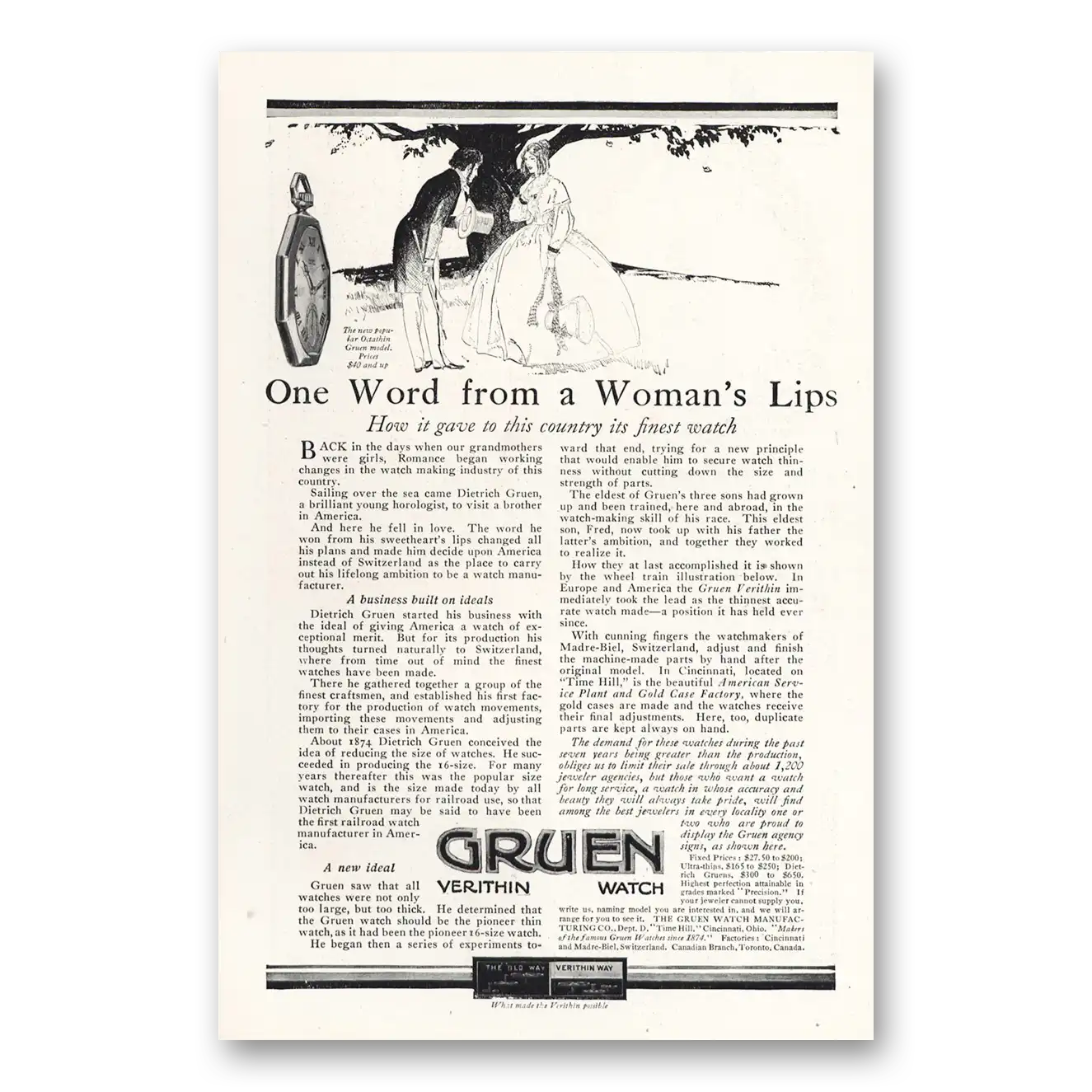 1917 Gruen Pocket Watch One Word from a Womans Lips Vintage Magazine Print Ad