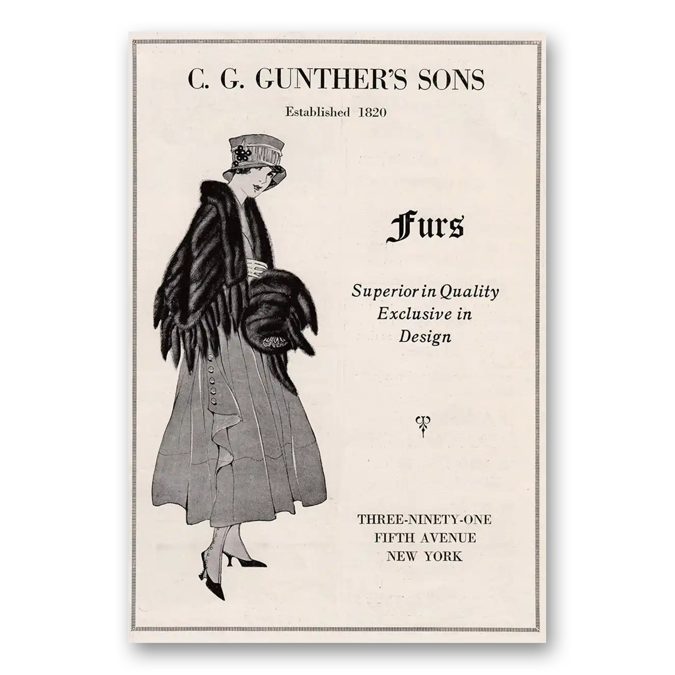 1917 C G Gunther's Sons Furs Superior In Quality Exclusive in Design Vintage Magazine Print Ad