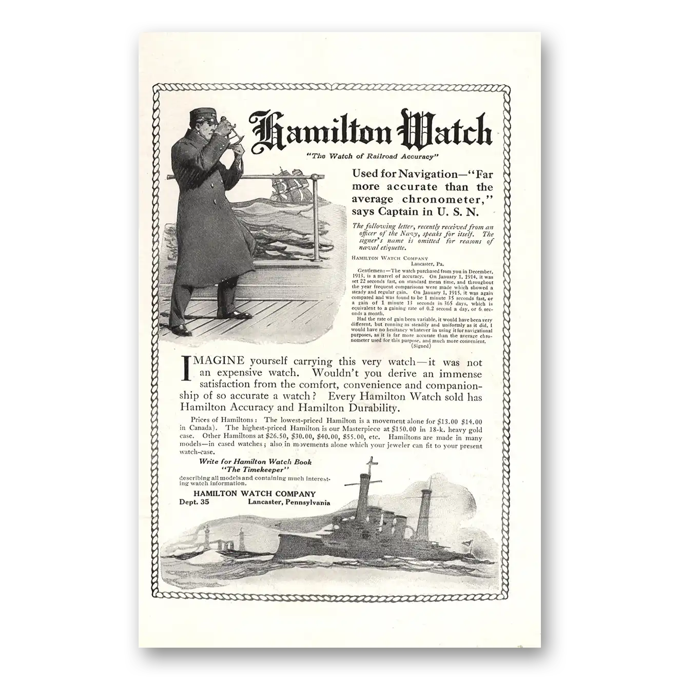 1917 Hamilton Watch Used for Navigation More Accurate Than the Average Chronometer Vintage Magazine Print Ad