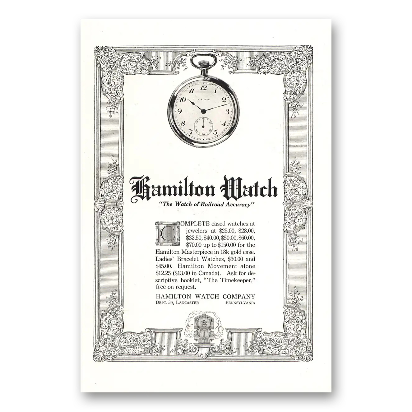 1917 Hamilton Watch Complete Cased Watches Vintage Magazine Print Ad