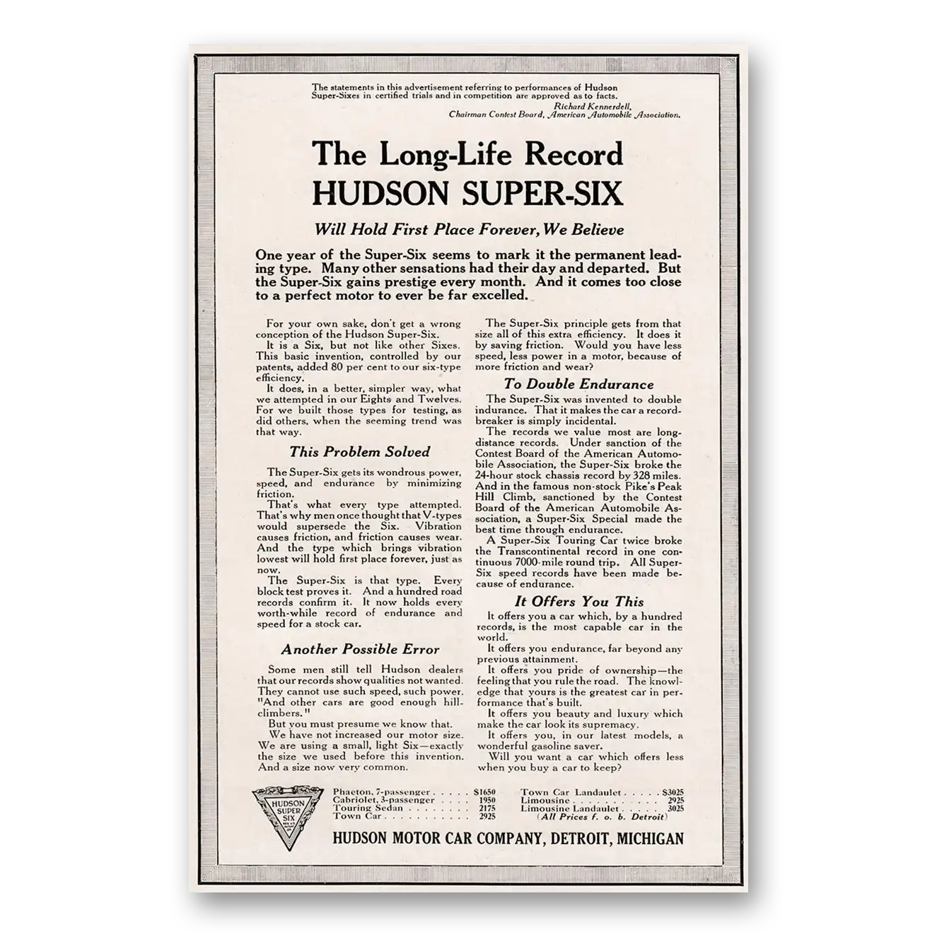 1917 Hudson Six Motor Car Long Life Record Vintage Magazine Print Ad