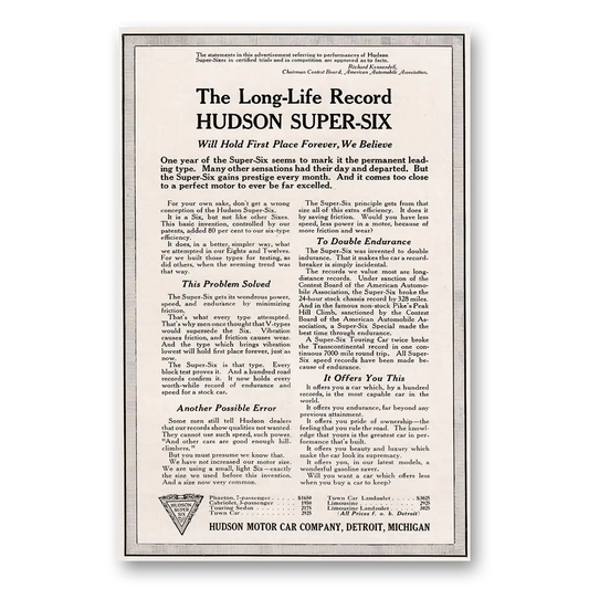 1917 Hudson Six Motor Car Long Life Record Vintage Magazine Print Ad