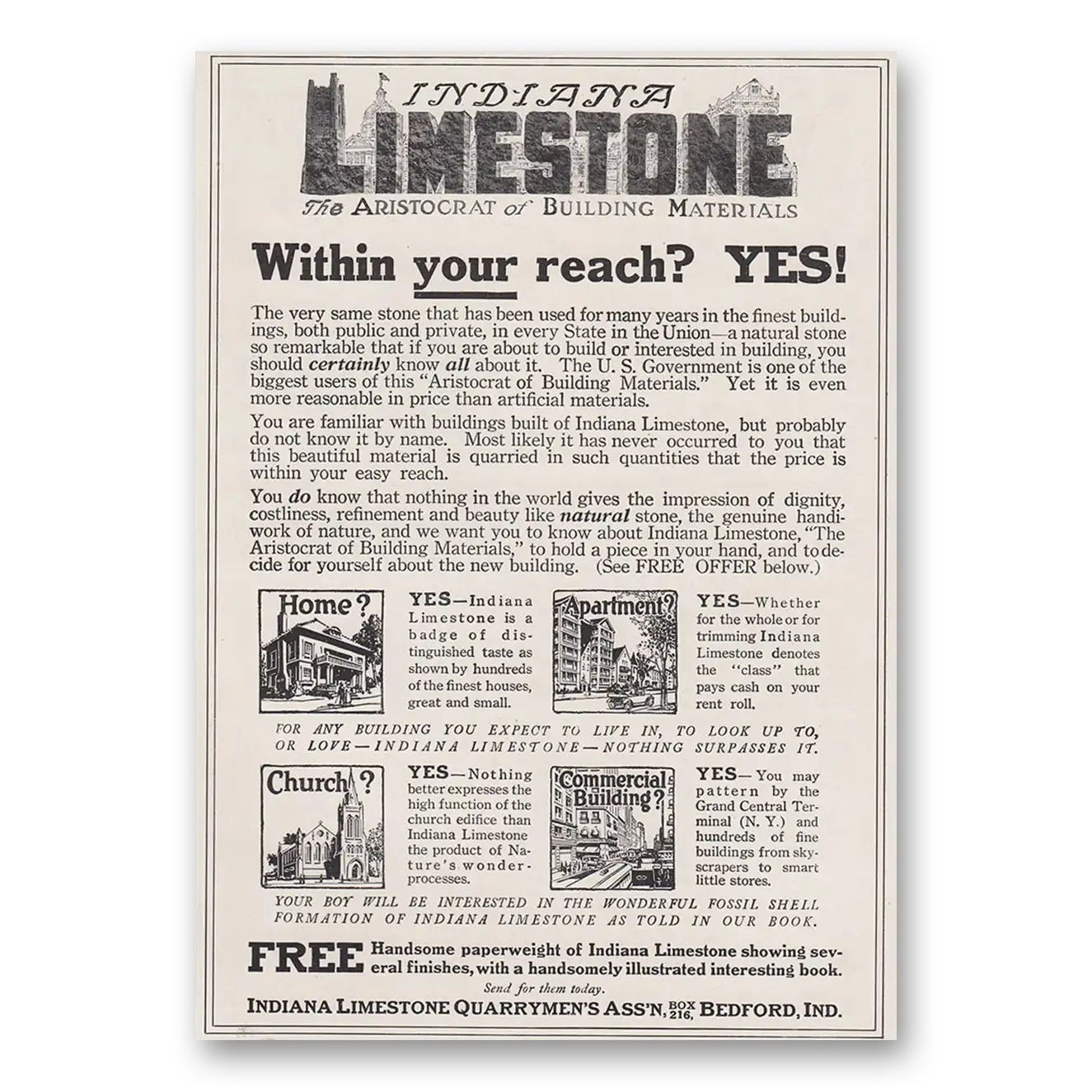 1917 Indiana Limestone Within Your Reach Vintage Magazine Print Ad