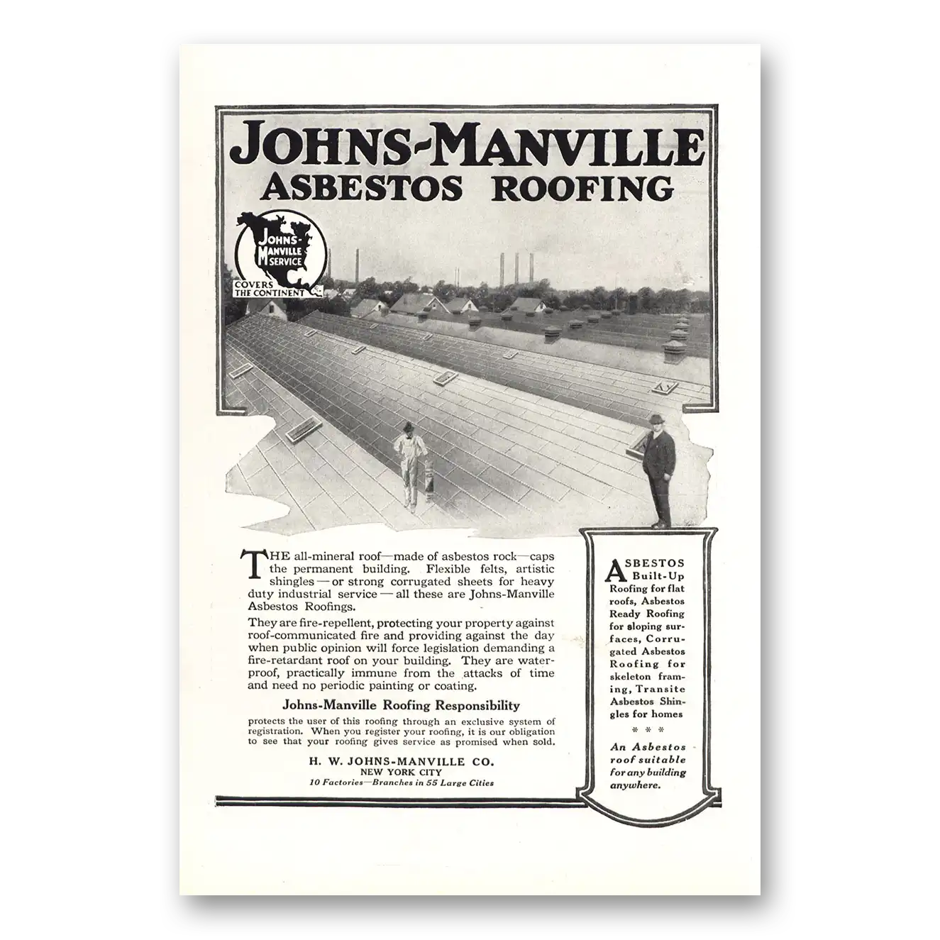 1918 Johns Manville Asbestos Roofing All Mineral Roof Vintage Magazine Print Ad