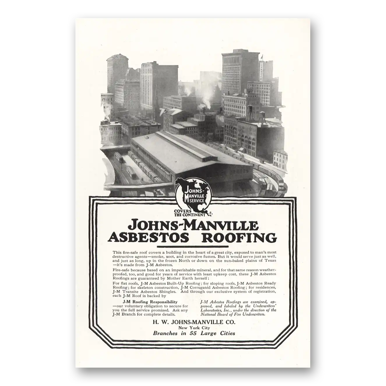 1917 Johns Manville Asbestos Roofing Fire Safe Roof Vintage Magazine Print Ad