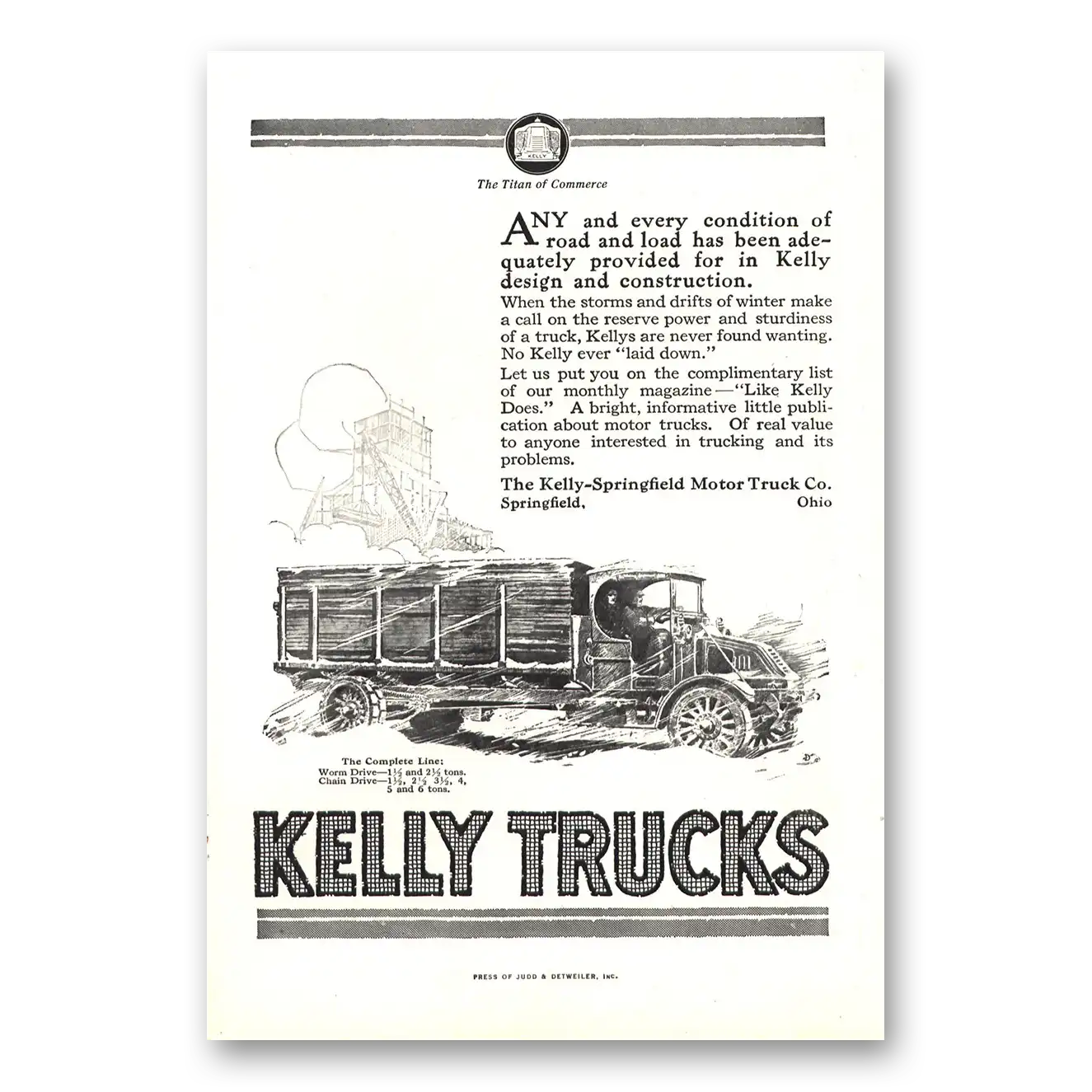 1917 Kelly Trucks Any and Every Condition of Road Vintage Magazine Print Ad