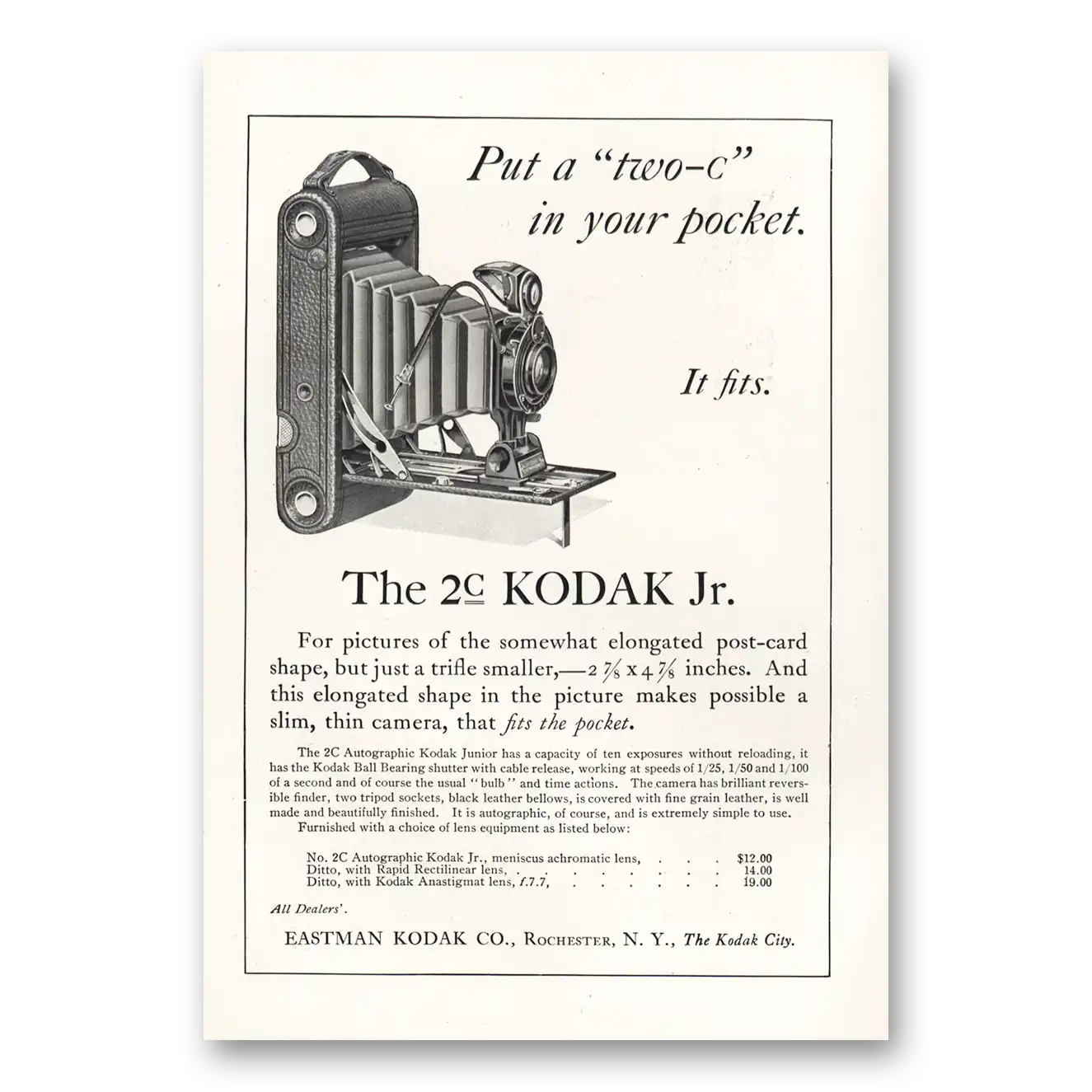 1917 Kodak Autographic Camera Put a Two C In Your Pocket Vintage Magazine Print Ad