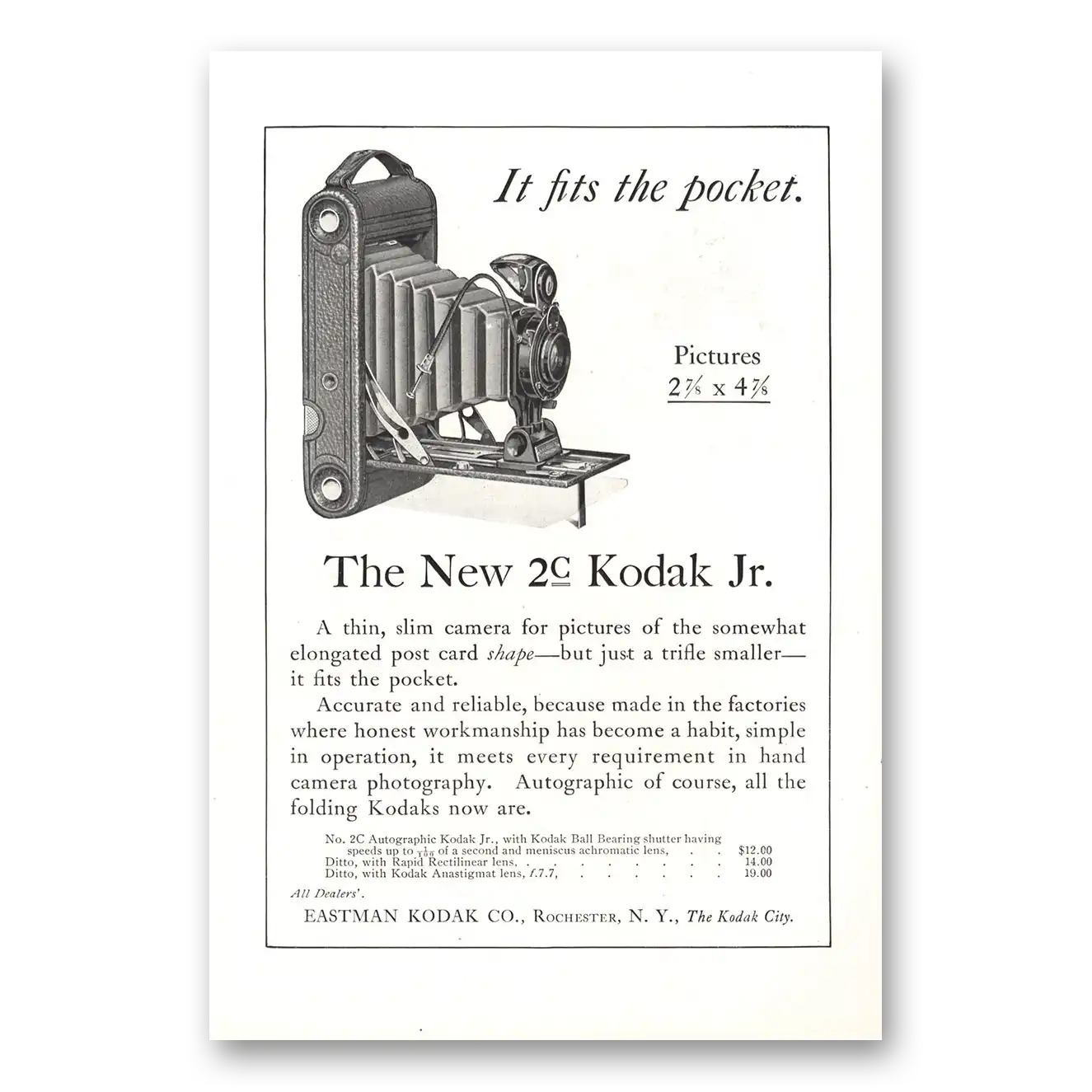 1917 Kodak Jr Camera Fits the Pocket Vintage Magazine Print Ad