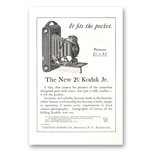 1917 Kodak Jr Camera Fits the Pocket Vintage Magazine Print Ad