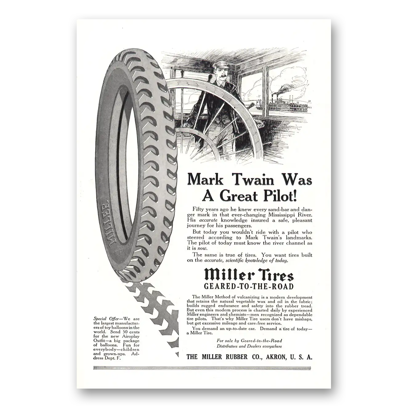 1917 Miller Tires Mark Twain Was a Great Pilot Vintage Magazine Print Ad