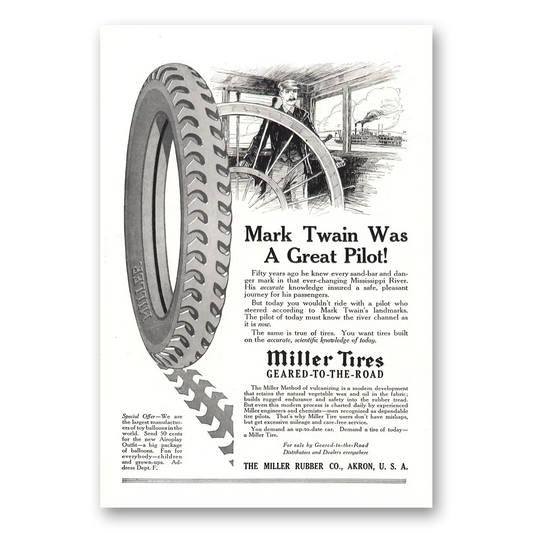 1917 Miller Tires Mark Twain Was a Great Pilot Vintage Magazine Print Ad