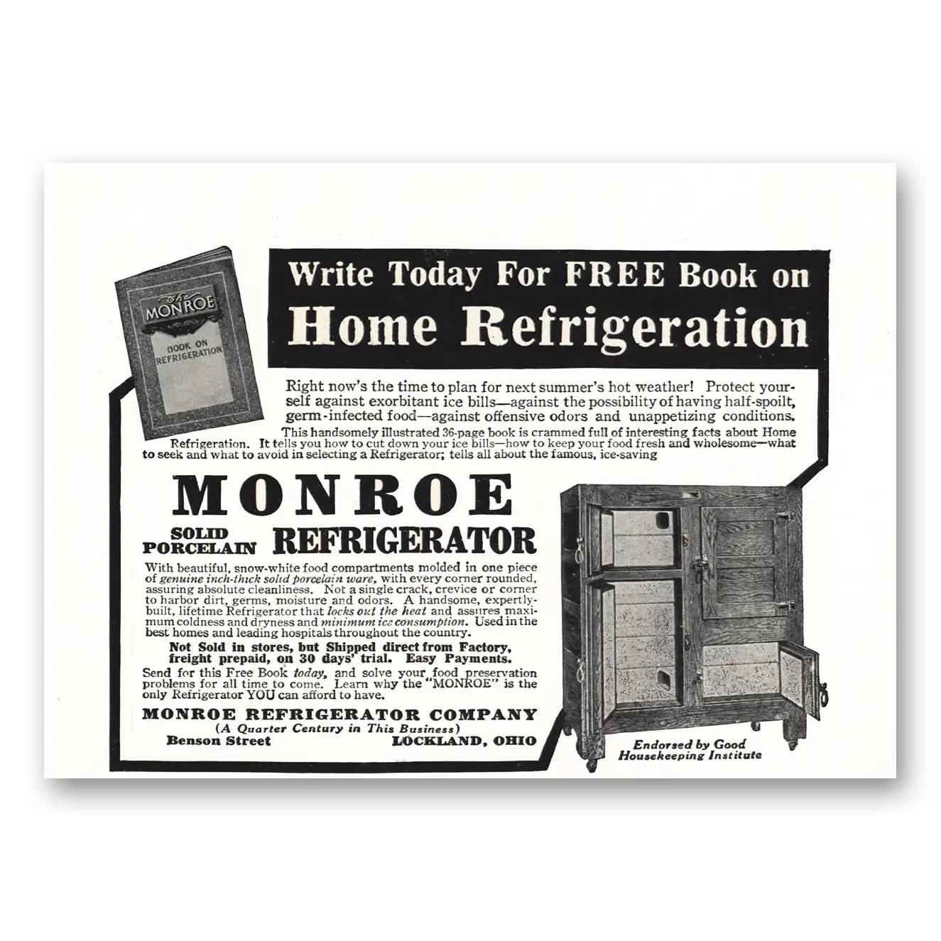 1917 Monroe Refrigerator Solid Porcelain Vintage Magazine Print Ad