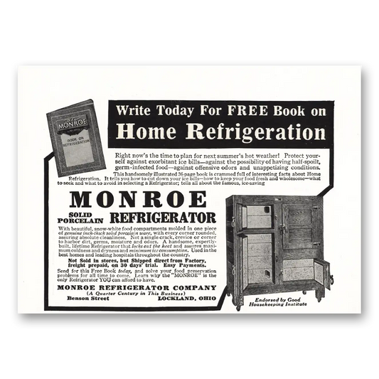 1917 Monroe Refrigerator Solid Porcelain Vintage Magazine Print Ad