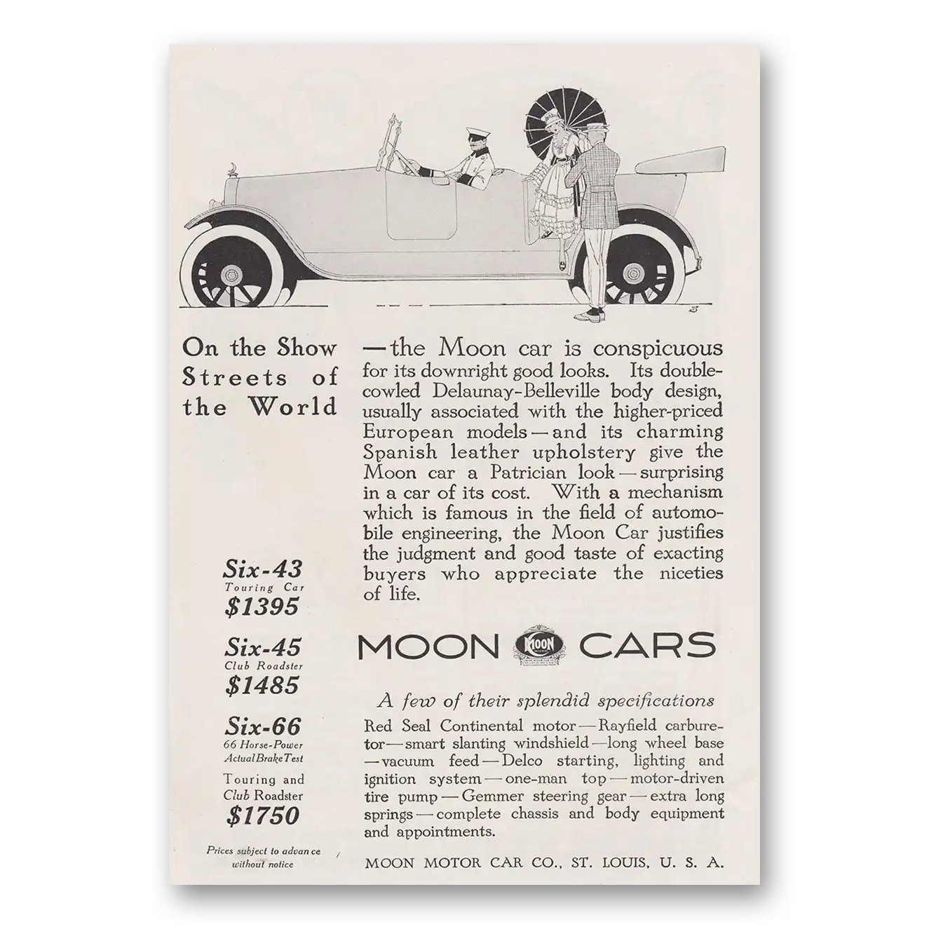 1917 Moon Motor Car On the Show Streets of the World Vintage Magazine Print Ad