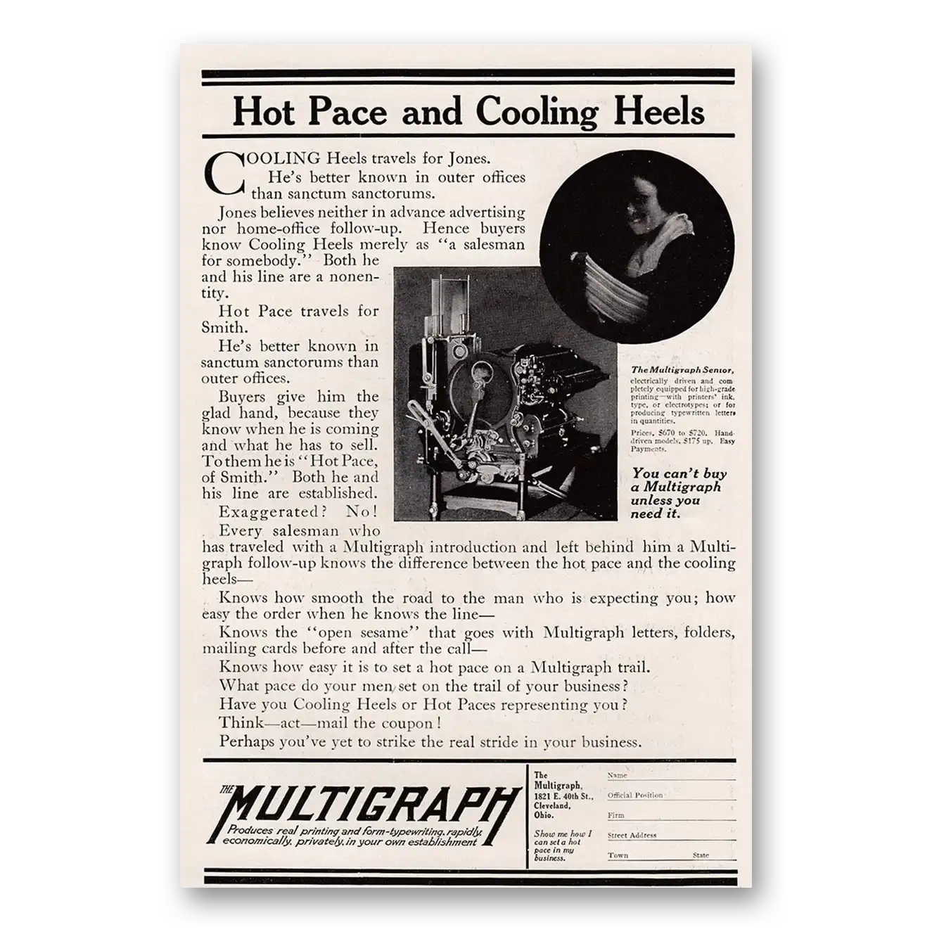 1917 Multigraph Hot Pace and Cooling Heels Vintage Magazine Print Ad