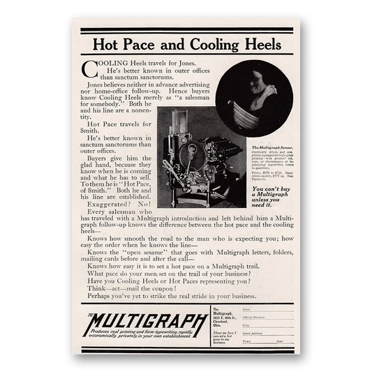 1917 Multigraph Hot Pace and Cooling Heels Vintage Magazine Print Ad