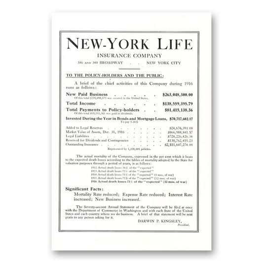 1917 New York Life Insurance Chief Activities Vintage Magazine Print Ad