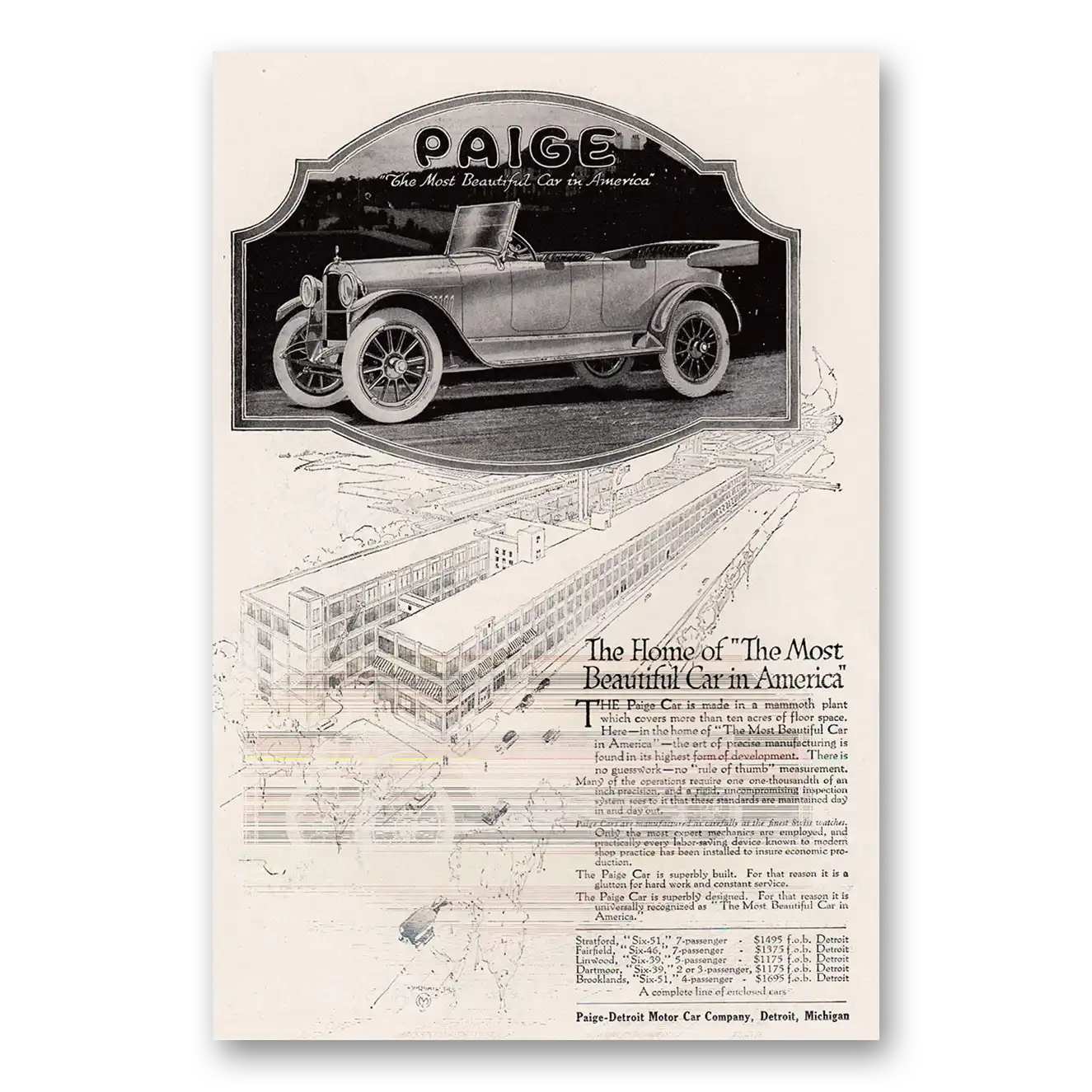 1917 Paige-Detroit Motor Car Home of the Most Beautiful Car in America Vintage Magazine Print Ad