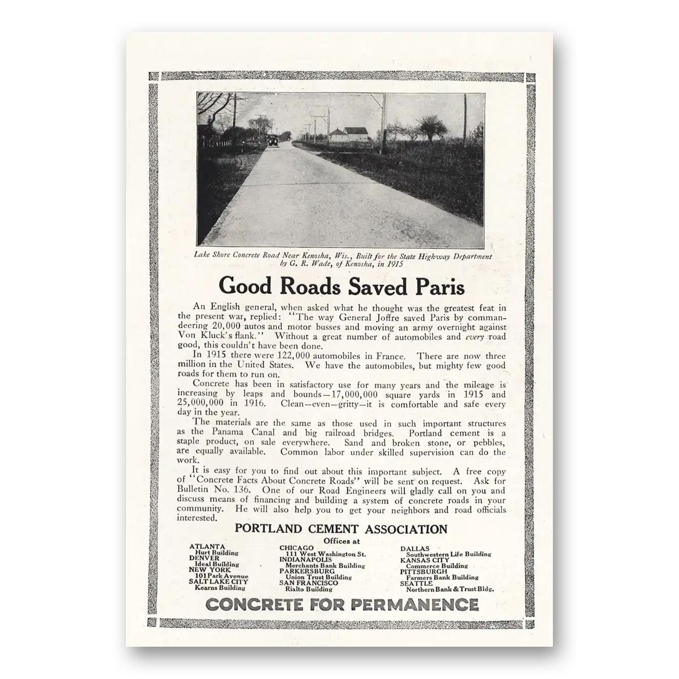 1917 Portland Cement Good Roads Saved Paris Vintage Magazine Print Ad