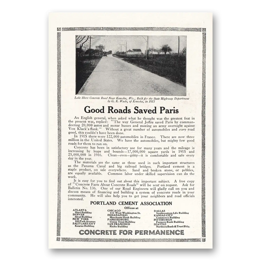 1917 Portland Cement Good Roads Saved Paris Vintage Magazine Print Ad