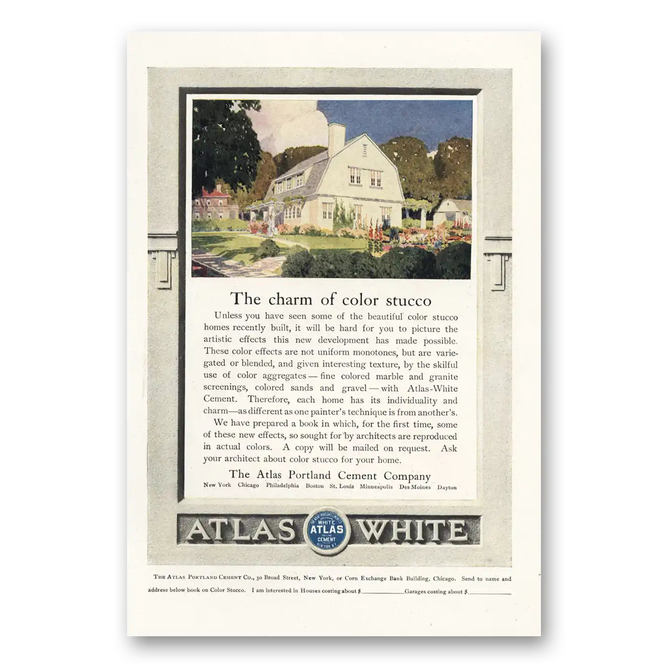 1917 Atlas Portland Cement Charm of Color Stucco Vintage Magazine Print Ad