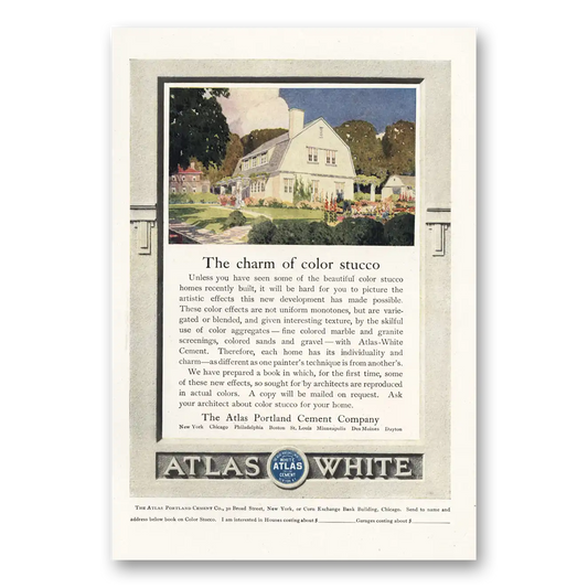 1917 Atlas Portland Cement Charm of Color Stucco Vintage Magazine Print Ad