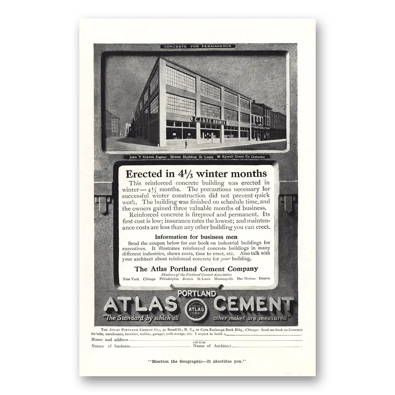 1916 Portland Cement Portland Atlas Cement Erected In Winter Months Briner Bldg Vintage Magazine Print Ad