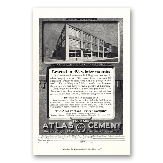 1916 Portland Cement Portland Atlas Cement Erected In Winter Months Briner Bldg Vintage Magazine Print Ad