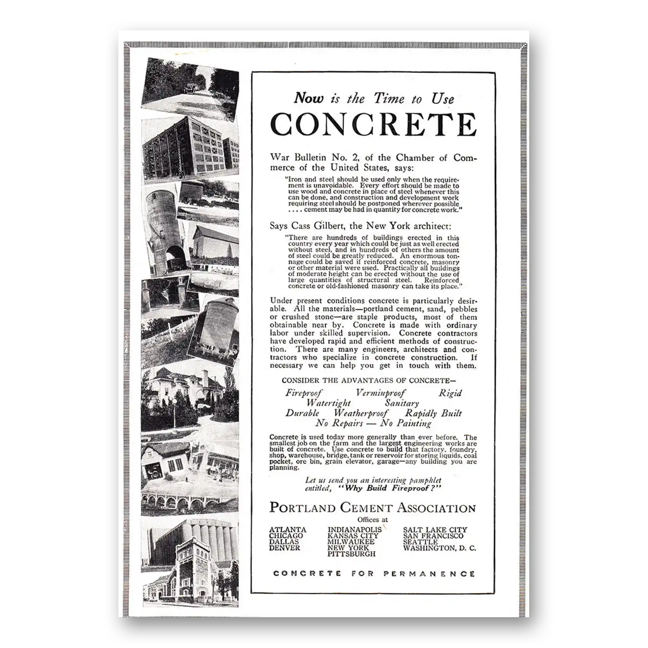 1917 Portland Cement Now is the Time to Use Concrete Vintage Magazine Print Ad