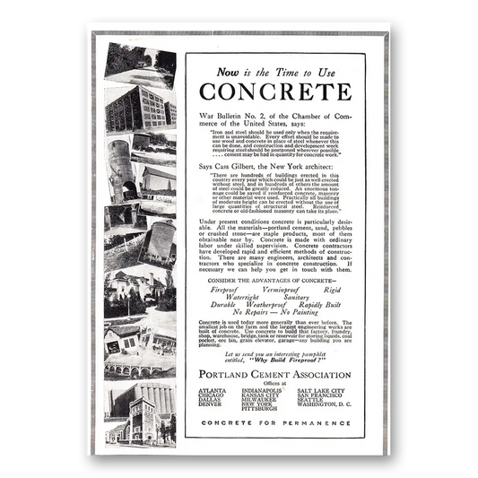 1917 Portland Cement Now is the Time to Use Concrete Vintage Magazine Print Ad