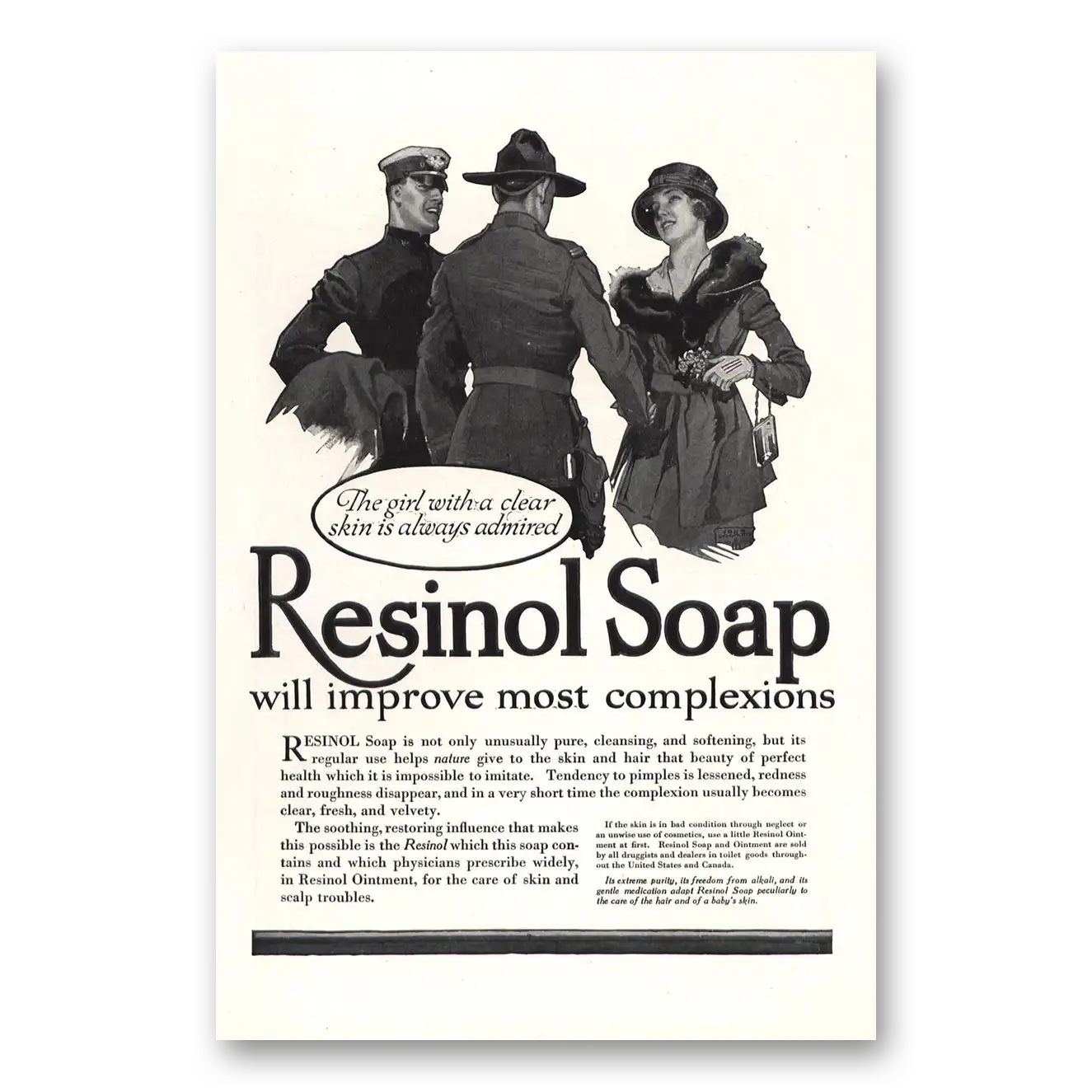 1917 Resinol Soap Girl With a Clear Skin Always Admired Vintage Magazine Print Ad