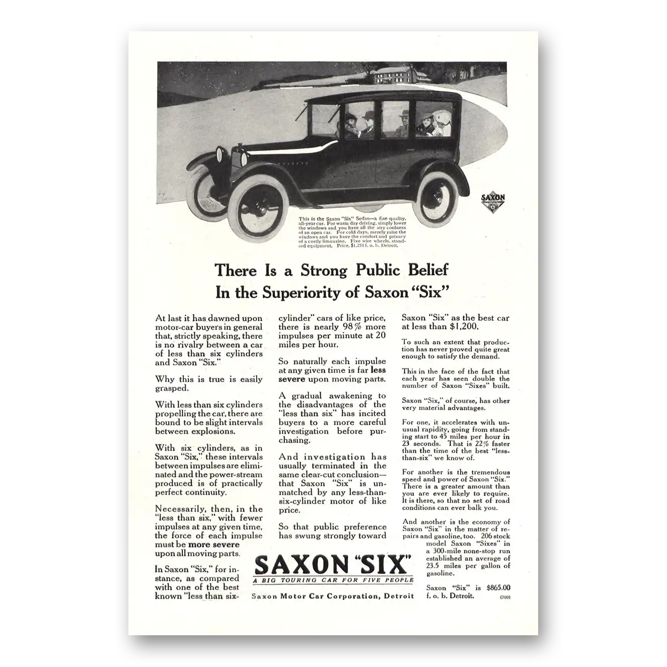 1917 Saxon Six Strong Public Belief Vintage Magazine Print Ad